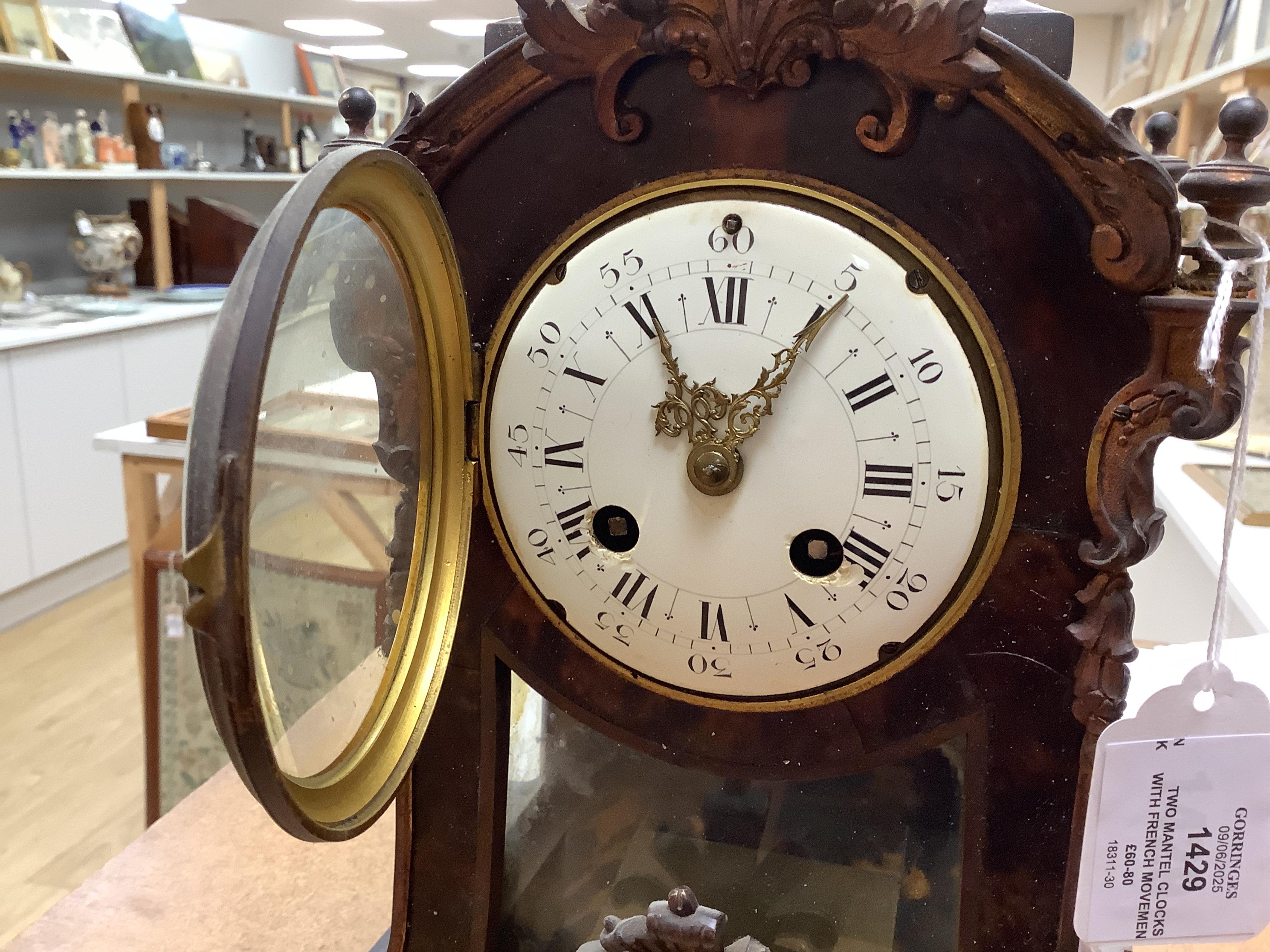 Two mantel clocks with French movements, circa 1900 to include an Art Nouveau inlaid example, largest 39cm high